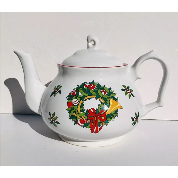 CELEBRATE THE SEASON TEAPOT CHRISTMAS 6 CUPS 6 1/2" X 10" VINTAGE HOLIDAY Ps2 - Picture 4 of 9